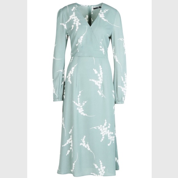 BOOHOO Tall Floral Print Wrap Midi Dress Sage - Picture 3 of 9